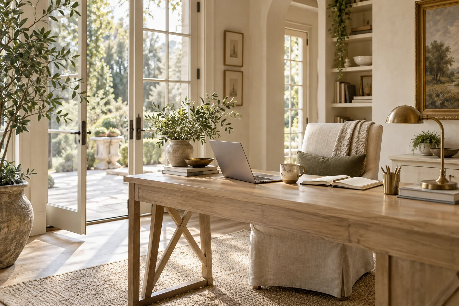 A sunlit study with an oak desk, laptop, and notebook beside French windows