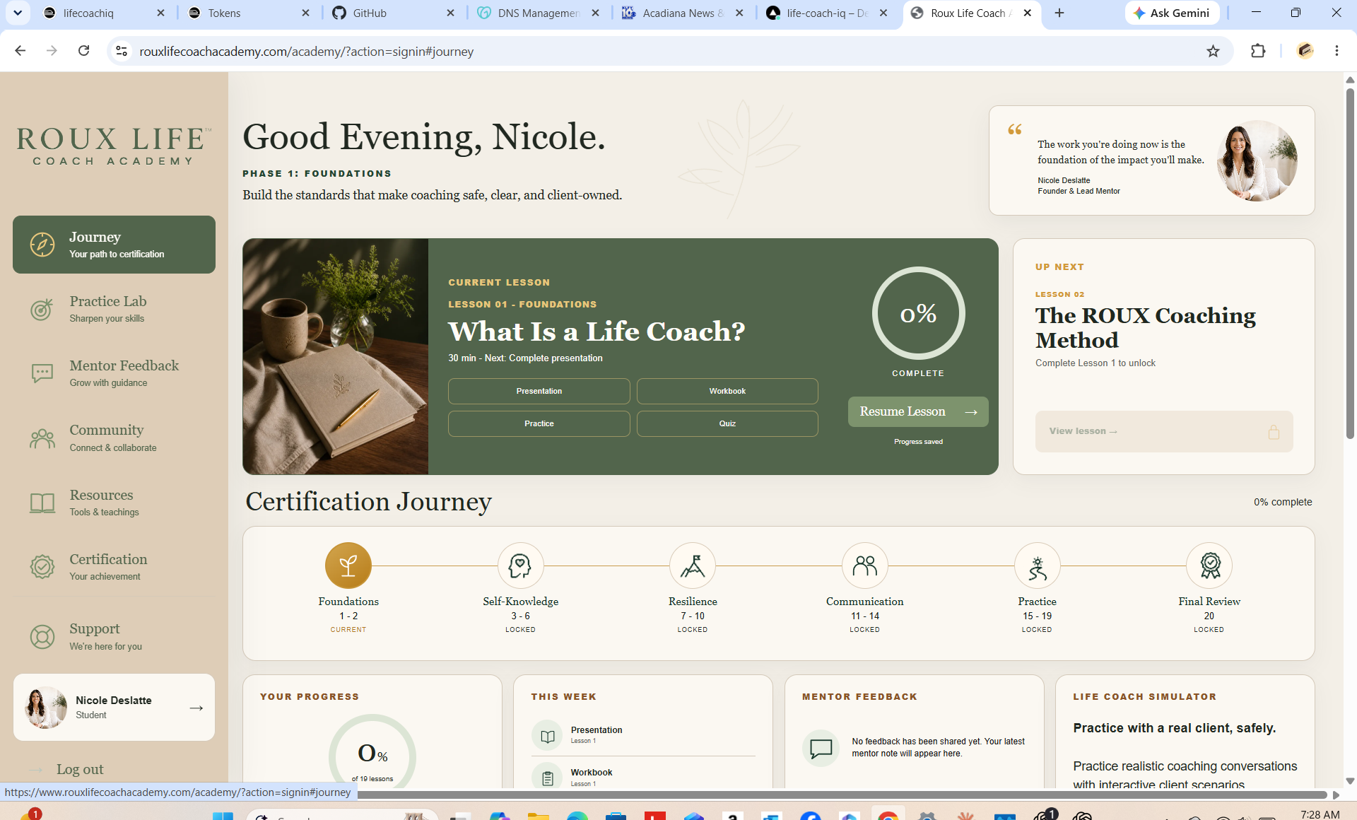 Actual Roux Life Academy dashboard showing guided lessons, workbooks, quizzes, progress, and the certification journey