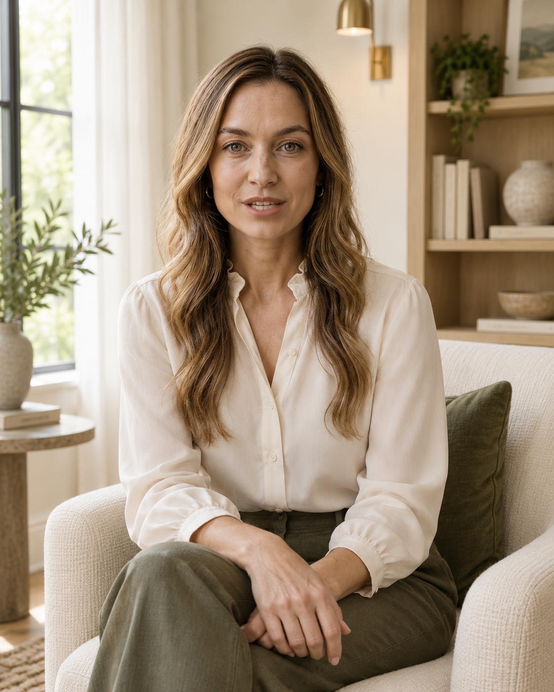 Lauren, your virtual practice client, shown waist-up in a warm ivory and oak counseling office