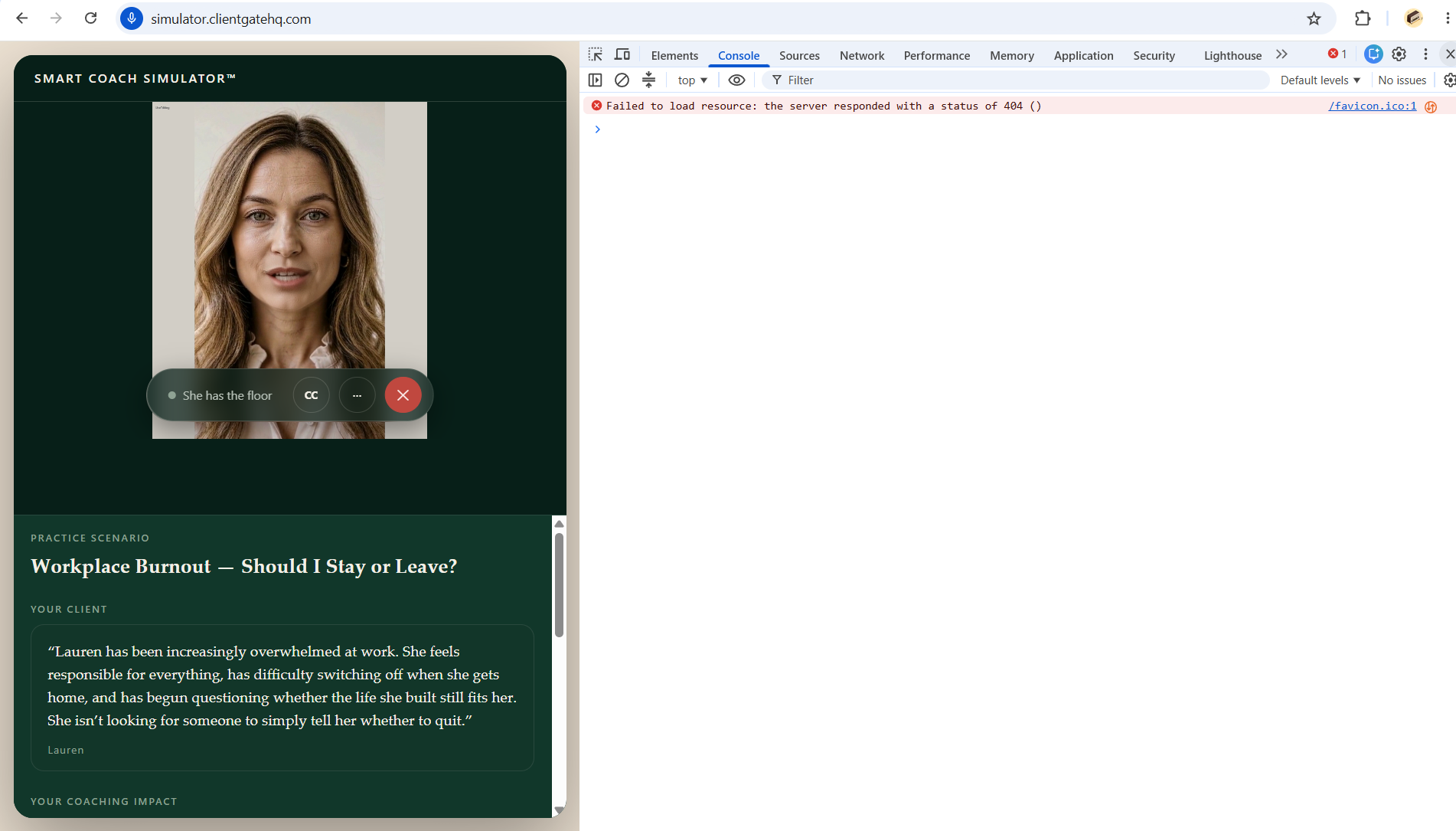 Actual Smart Coach Simulator interface featuring Lauren and the workplace burnout scenario
